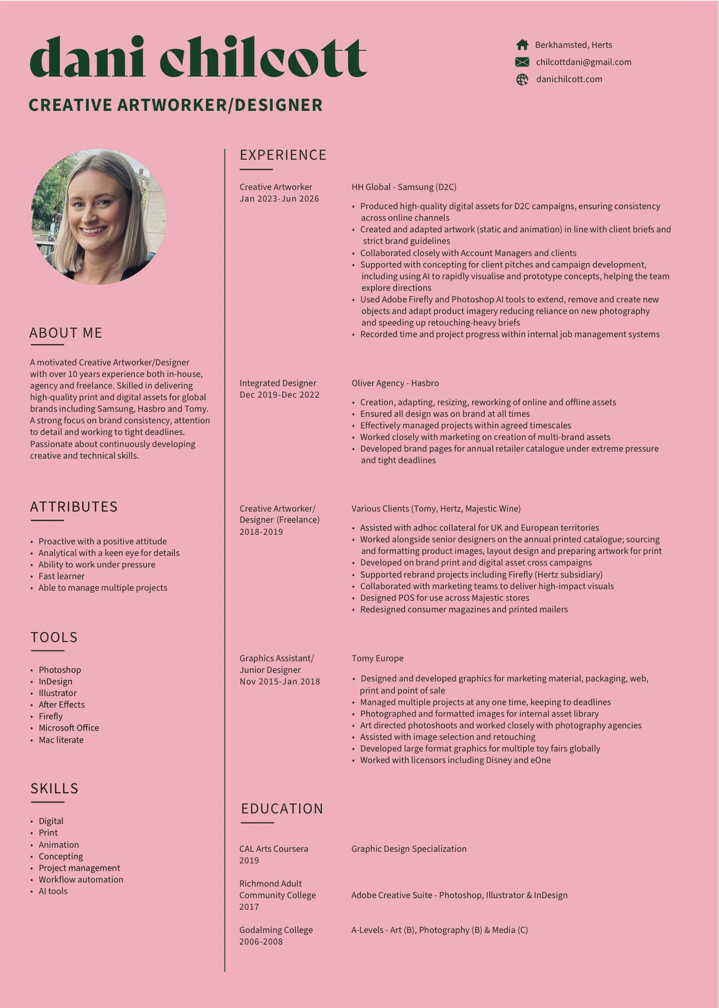 Dani Chilcott’s CV — Creative Artworker, Berkhamsted, Hertfordshire